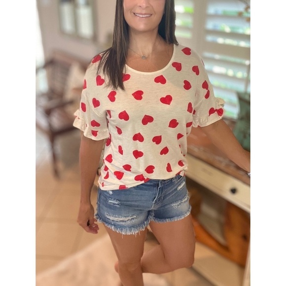 Heart Valentine Round Neck Short Ruffle Flutter Sleeve Top Red White 2522 - Picture 3 of 11